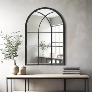 Arched Window Wall Mirror, 30"x20" Windowpane Mirror, Black