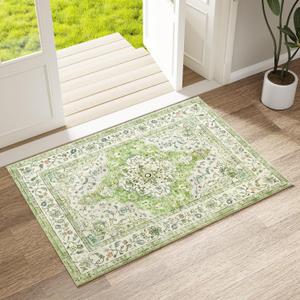 Entryway Rug - 2'x3' Boho Soft Low Pile Washable Area Rug, Non-Slip Small Rugs Indoor for Front Door Entrance Kitchen Bathroom, Vintage Carpet Stain Resistance (Green, 2x3ft)