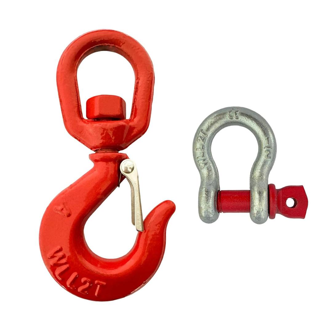 HENBOW 2 Ton Swivel Hooks and D Ring Shackle,G80 Weight Lifting Hooks with 1/2" Shackle,4400Lbs Safety Load Limit, Heavy Duty Alloy Steel Round Rotating Trailer Chain Hooks