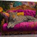 Cheetah Lying On Pink Sofa Canvas Wall Art Eclectic Leopard Wall Decor Pictures Maximalist Animal Portrait Poster Prints for Living Room Home Bedroom Home Decoration 24x36in Ready to Hang