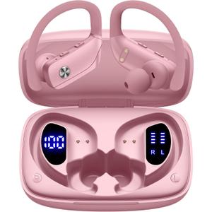 bmani Wireless Earbuds Bluetooth Headphones 48hrs Play Back Sport Earphones with LED Display Over-Ear Buds with Earhooks Built-in Mic Headset for Workout Pink