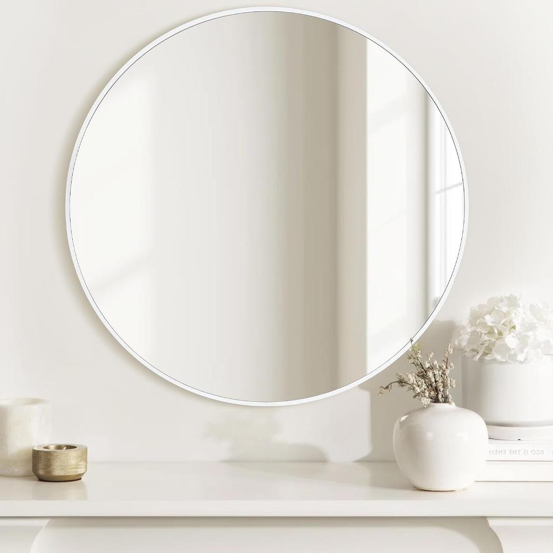 White Round Mirror, 24 Inch Circle Bathroom Vanity Mirror for Wall, Modern Tempered Glass Mirror for Entryway or Living Room