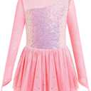 ODASDO Figure Skating Dress for Girls Mesh Long Sleeve Sparkly Sequin Skirted Leotard Ballet Outfit Dancewear (Pink, 11-12Y)