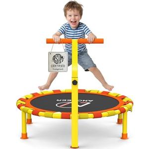 ANCHEER 38'' Kids Trampoline with Adjustable Handle, Indoor Outdoor Safe Rebounder, Heavy-Duty Recreational Trampoline with Safety Bar for Toddlers & Kids Home Play, 150lbs Weights Capacity
