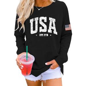 Womens 4th of July Sweatshirts American Flag Crewneck Long Sleeve Sweater Loose Tops Fall Winter Clothes (Black), XL