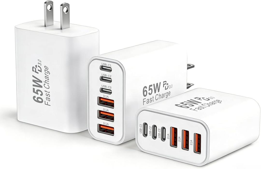 3 x 65W USB C Charger Block,3Pack 6-Port Type C Fast Phone Charging Block Cube PD Multiport USB C Power Adapter+QC 3.0 USB A Wall Plug for Apple iPhone 17/16/15/14/13/12/11 Pro Max/Plus/Air,iPad,Galaxy