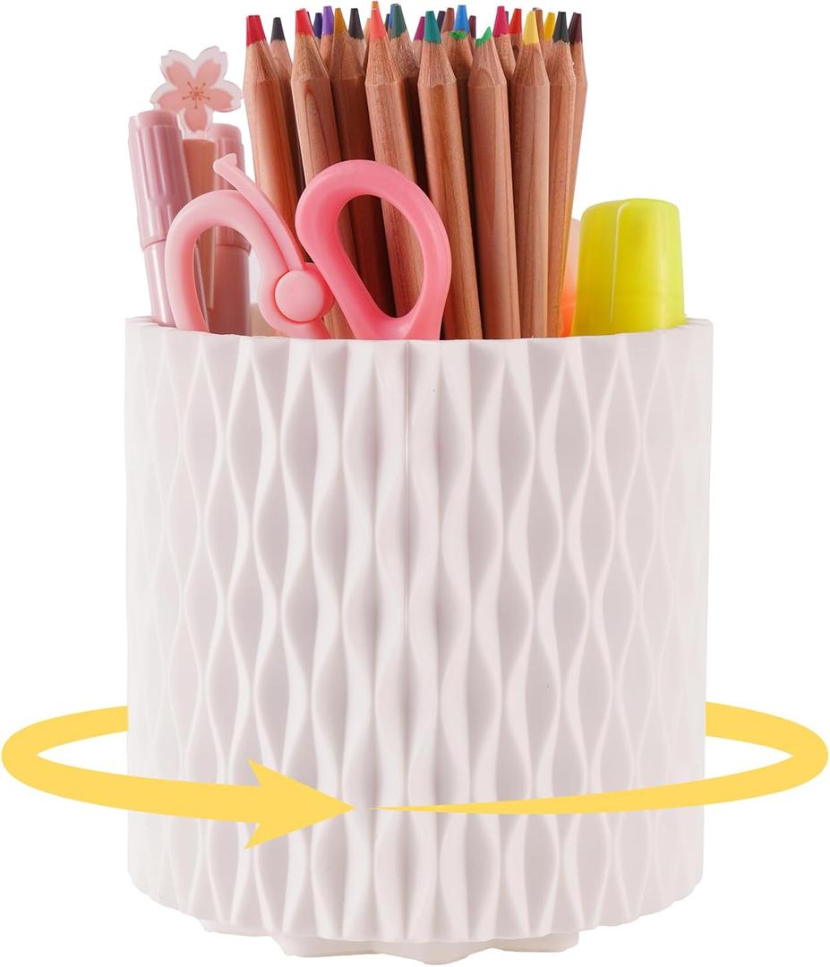360 Rotating Desk Organizer, 5-Slot Pen Holder with Rotating Base for Office, Desk Pen Organizer for Art Supply & Makeup Brush Holder, White