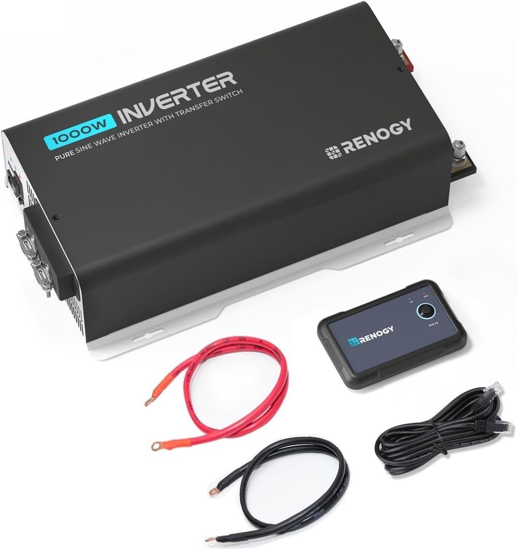 Renogy 1000W Pure Sine Wave Inverter with On-Grid Transfer Switch, Built-in Bluetooth, Inverter 12V DC to 120V AC for Truck, RV, Home, 2000W Surge Power, Remote Controller (1KW(Built-in BT & ATS))