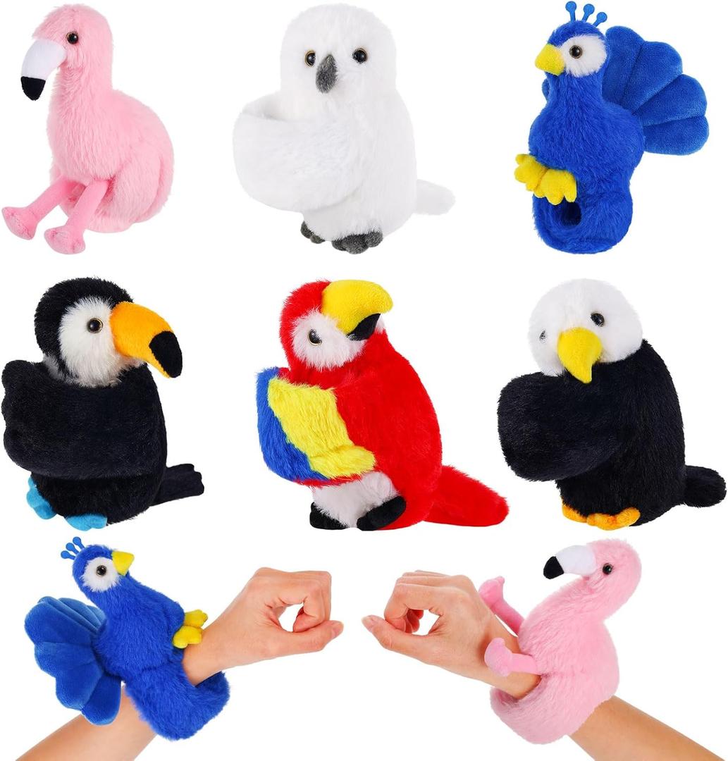 6 Pcs Bird Stuffed Animal Slap Bracelets Cute Parrot Eagle Flamingo Owl Plush Animal Wrist Snap Bracelets for Kids Birthday Boys Girls Gift