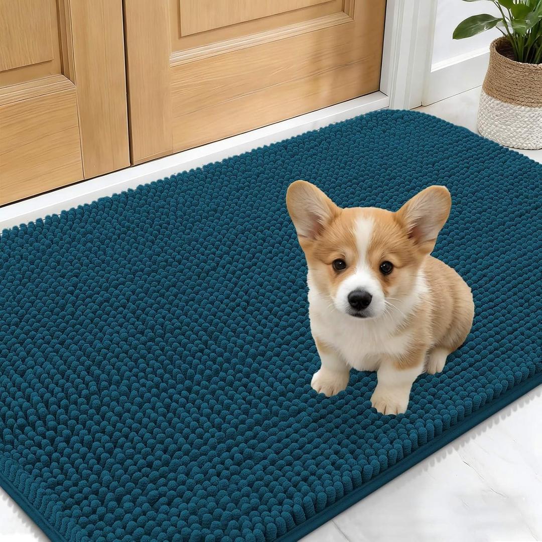 OLANLY Dog Door Mat for Muddy Paws 24x16, Absorbs Moisture and Dirt, Absorbent Non-Slip Washable Doormat, Quick Dry Chenille Mud Mat, Entry Indoor Entryway Carpet for Inside Floor, Atlantic Blue