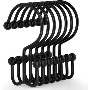 24 Pcs Shower Curtain Hooks, Goowin Shower Curtain Rings, Durable Black Shower Curtain Hooks Rust Proof, Shower Rings for Curtain, Double Glide Shower Hooks for Shower Curtain Rods, Black