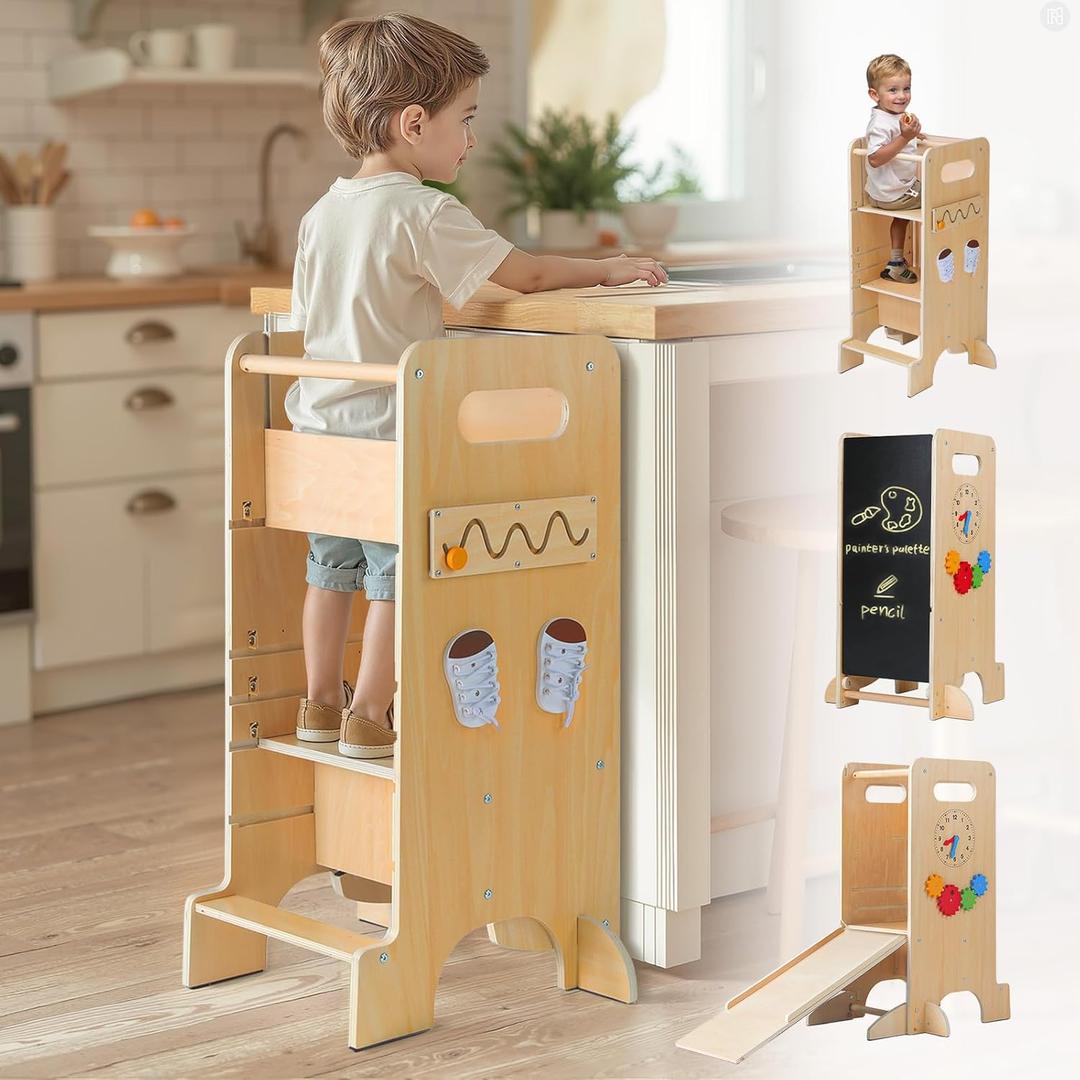 FlyingBoom Toddler Tower 4-in-1 Multifunctional Kitchen Stool Helper with Removable Safety Board, Adjustable Heights, Slide, Highchair, Chalkboard, Montessori Games (Wood)