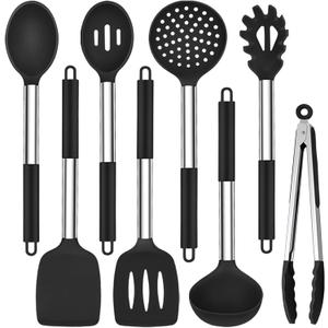 TeamFar Kitchen Utensils Set of 8, Silicone Utensils Kitchen Tools Set with Stainless Steel Handle, for Frying Serving Flipping Draining, Non-toxic & Heatproof, Nonstick & Dishwasher Safe - Black