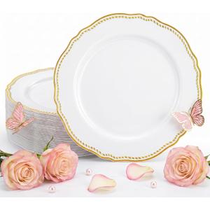 Hioasis 60pcs Gold Plastic Plates - White and Gold Disposable Dinnerware with Gold Rim, Heavy-duty, 10 inch, Dinner Plates for Party & Wedding & Mothers Day