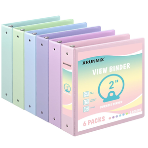 2inch 3Ring Binder with Pockets, Basic Binders 2'' Pastel Color Binders, Holds Letter Size 8.5'' x 11'', 450 Sheet Capacity, Bundle 6 Pack for Back to School (2 Inch)