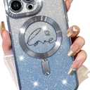 Fiyart Designed for iPhone 15 Pro Max Case,Compatible with MagSafe Love Heart Plating Camera Protection TPU Magnetic Glitter for Women Girls Shockproof Phone Bumper 6.7"-Blue