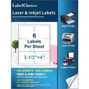 100 Sheets 600 Pcs 3-1/3 x 4 6 Up Shipping Address Labels for Laser & Inkjet Printers, 3-1/3" x 4" 6 per Sheet Shipping Mailing Stickers, 6 Labels per Page