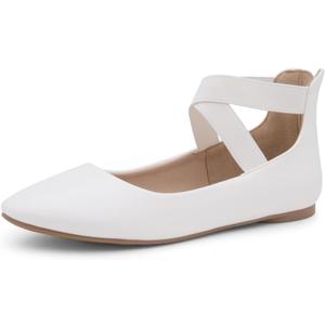 Shoe Land Women's Flats  Dressy & Casual Almond Toe Flat Shoes with Elastic Ankle Strap, Comfortable Slip-On Ballet Flats for Work, Office & Special Occasions (6, White)