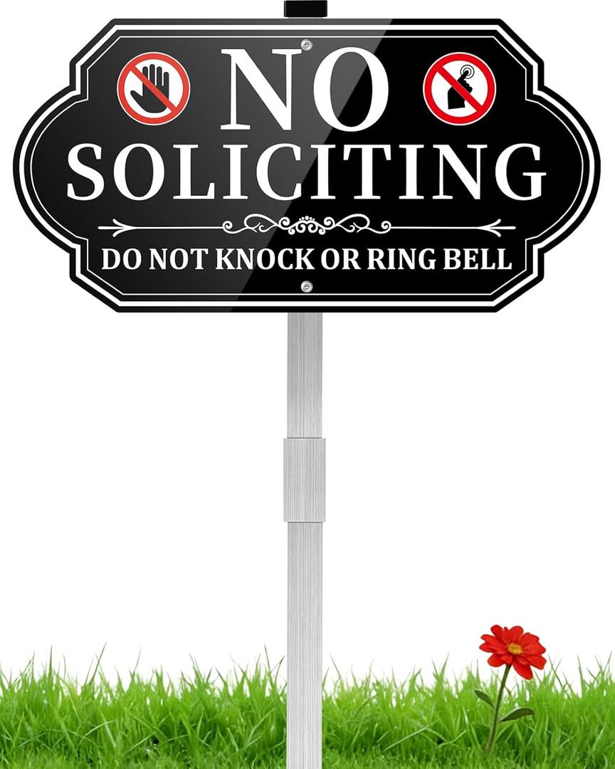 No Soliciting Sign for House, No Soliciting Yard Sign for Front Door Home, Aluminum Metal No Solicitation Sign 14 x 7 inches, with 28 inches Stake, Do Not Knock or Ring Bell