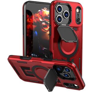 Designed for iPhone 17 Pro Max Case, Full Camera Protection, Built-in Invisible Kickstand, Heavy Duty Rugged Case with Dual-Layer Shockproof, Wireless Charging Compatible (Red)