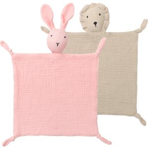 Premium Soft Muslin Cotton Bunny & Lion Loveys Soft Breathable Newborn Security Blanket, Perfect Present for Baby Newborns, Toddlers Boy Girl, Neutral Fabric for Comfortable Sleep & Play (Lion Khaki + Rabbitpink)