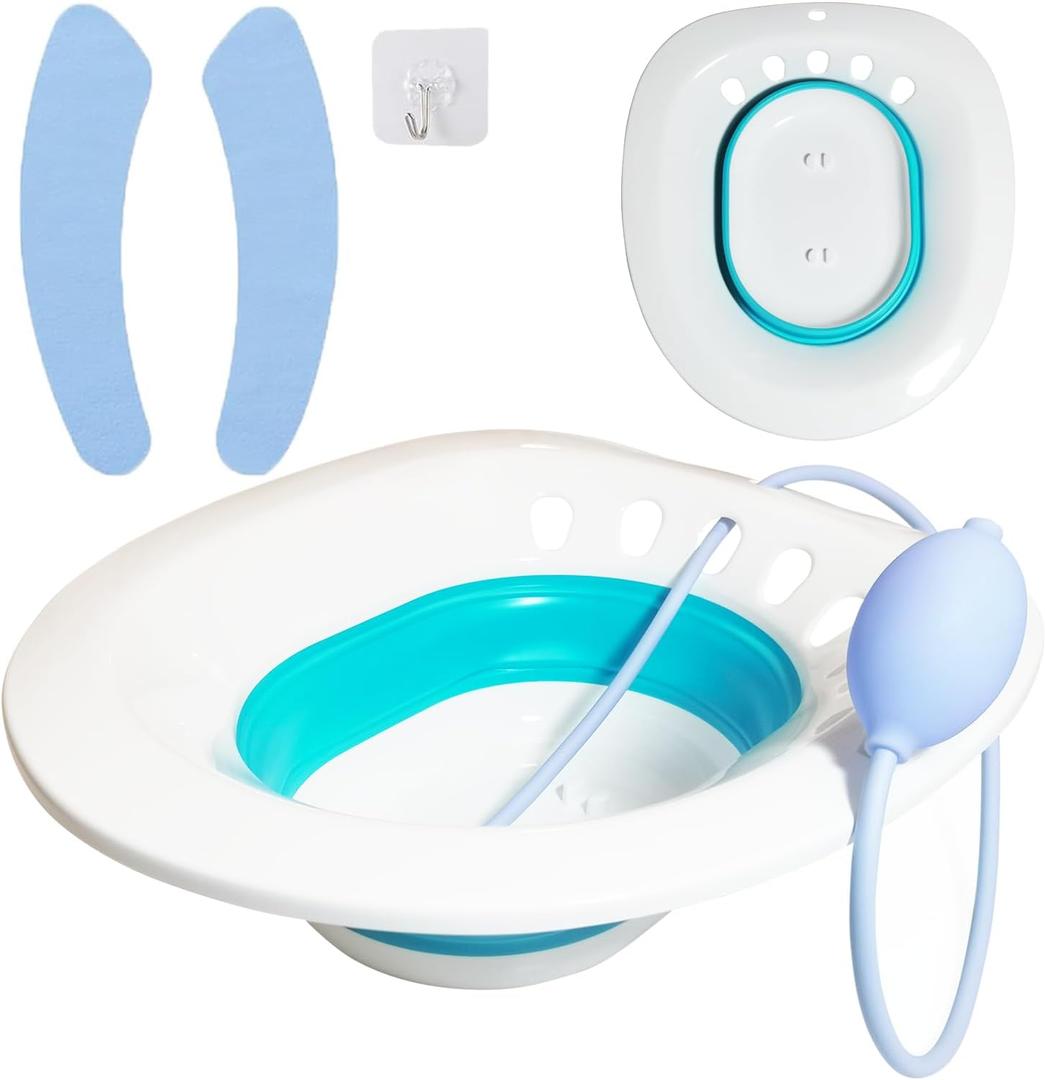 Sitz Bath for Postpartum Care and Hemorrhoids, Sitz Bath for Toilet Seat, Foldable Sitz Bath with Flusher, Deeper and Wilder, Suitable for Any Toilet Seat