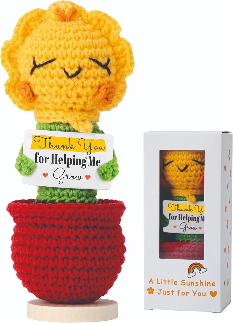 4 x Teacher Appreciation Gift  Crochet Sunflower Plush with Thank You for Helping Me Grow, Handmade Flower Desk Decor, End of Year Graduation Birthday for Teachers, Colleagues, Women