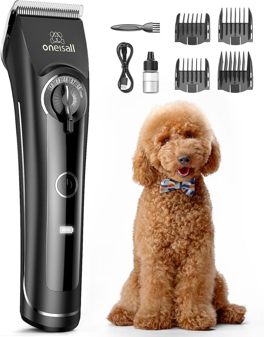 oneisall Dog Clippers for Grooming Doodles Poodles Thick Curly Hair, Low Noise Heavy Duty Dog Grooming Kit with Detachable Metal Blades