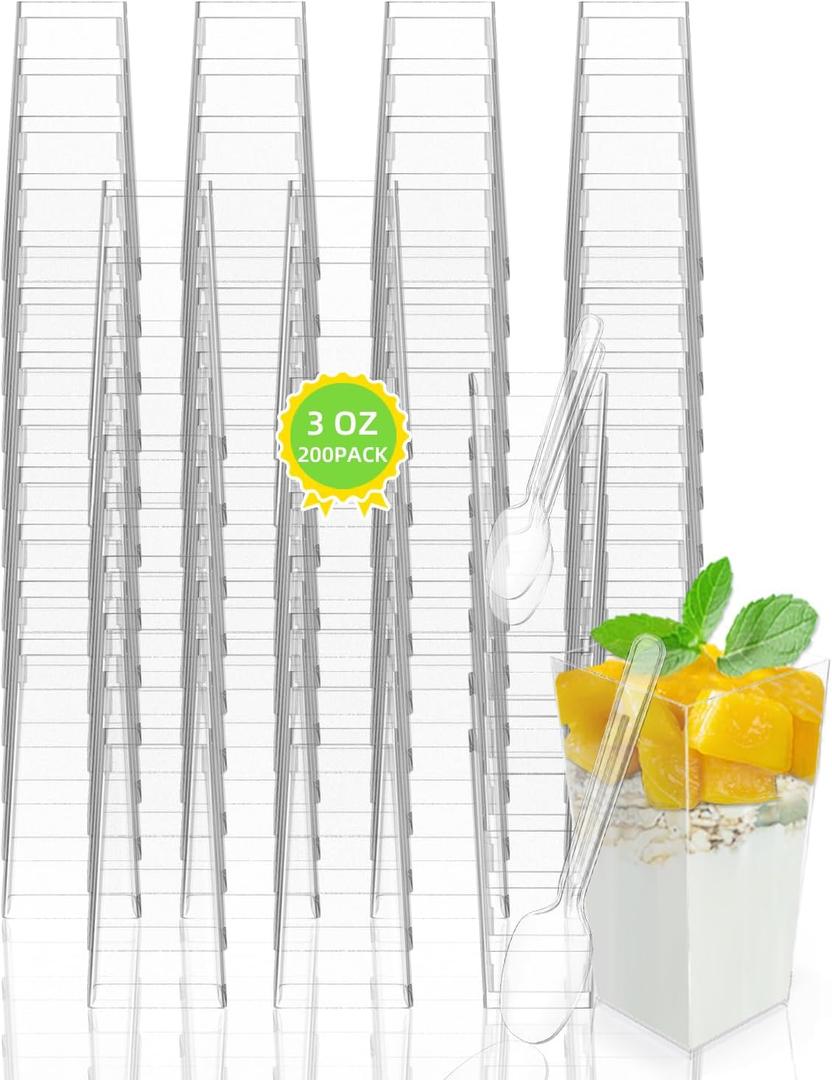 200 Pack 3 oz Plastic Mini Dessert Cups with Spoons, Square Tall Clear Shooter Cups for Dessert, Individual Treat Cups, for Cake Parfait Appetizer Mousse Yogurt Pudding Fruit