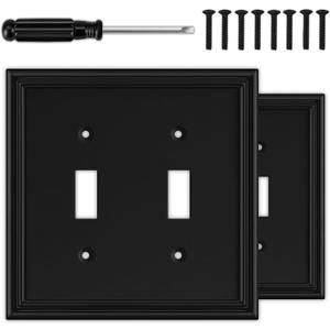 Matte Black Decorative Double Toggle Light Switch Covers Wall Plate, Natural Material Switch Plate Covers - Modern Style (2 Gang Toggle 2 Pack)