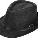 SIQITECHNO Straw Fedora Sun Hat Straw Cowboy Hat for Women Men Classic Short Brim Fedora Trilby Roll Up Panama Jazz Beach Cap (One Size, Black)