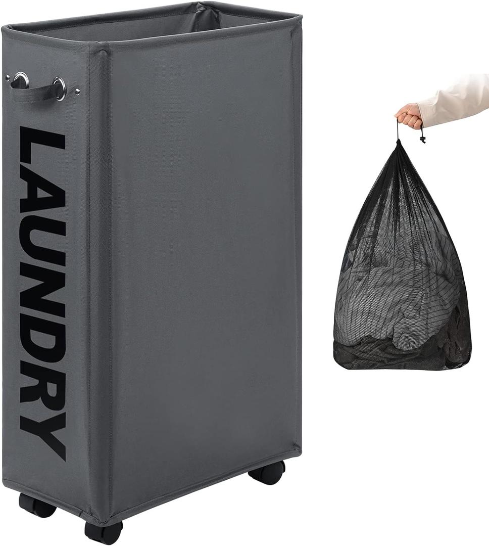 DOKEHOM 29-Inches Enlarged Slim Laundry Basket with Removable Wash Bag on Wheels, Collapsible Rolling Laundry Hamper, Foldable Narrow Corner Clothes Storage Bins (Dark Grey)
