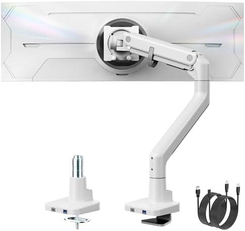 monTEK Single Monitor Arm with USB A/C, Ultrawide Monitor Stand for 17 to 57 Inch Curved Screen, Holds 59.4 lbs, Adjustable Gas Spring Arm, 75/100 VESA Mount, Clamp & Grommet Desk Mount, White