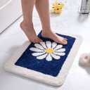 Bath Mat, White Flower, 16"x24", Non Slip, Machine Washable (Blue)