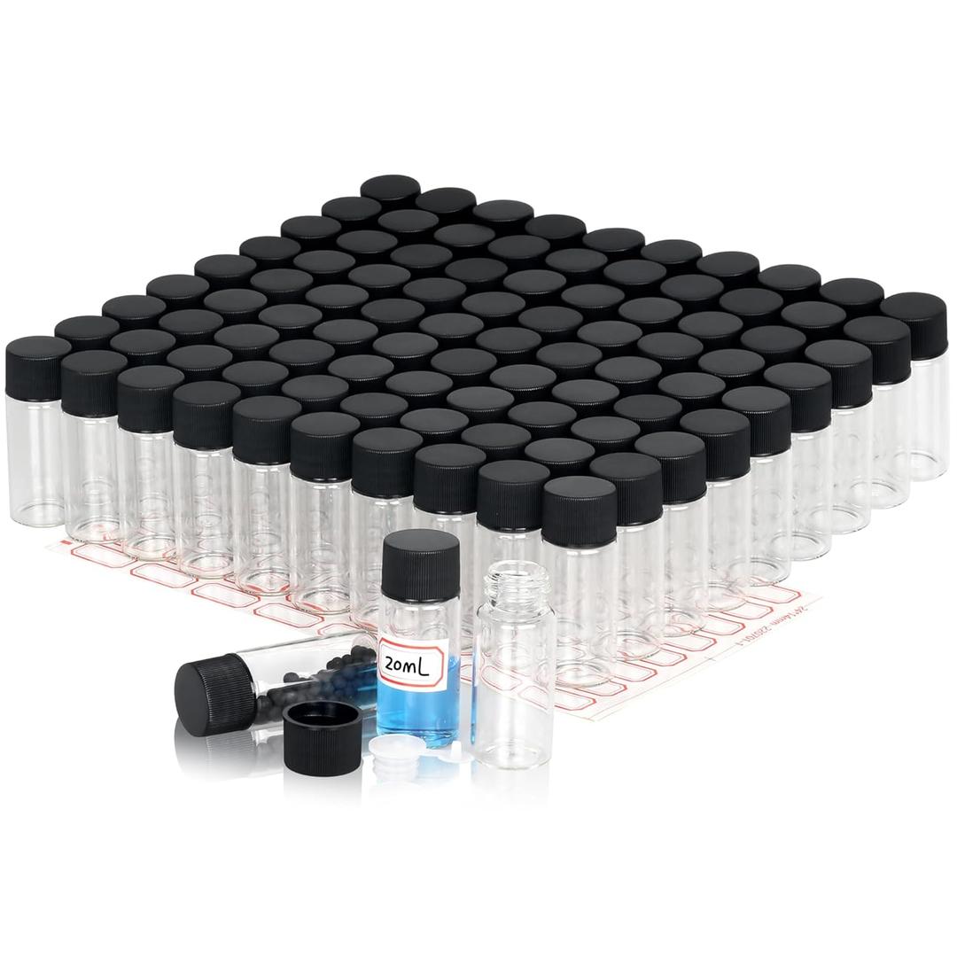 Alyoen 100 Pack 20ml Clear Glass Vials with Screw Caps, Plastic Stoppers and Label Papers, Leak-Proof Small Glass Liquid Sample Lab Vials for Essential Oil, Reagent, Seeds