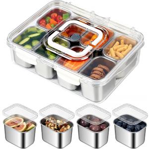 Snackle Box Container, Stainless Steel Divided Serving Tray with Lid and Handle, 8 Compartment Portable Snack Platters - Clear Storage Organizer for Fruit Candy Nuts Veggie - Perfect for Travel Party