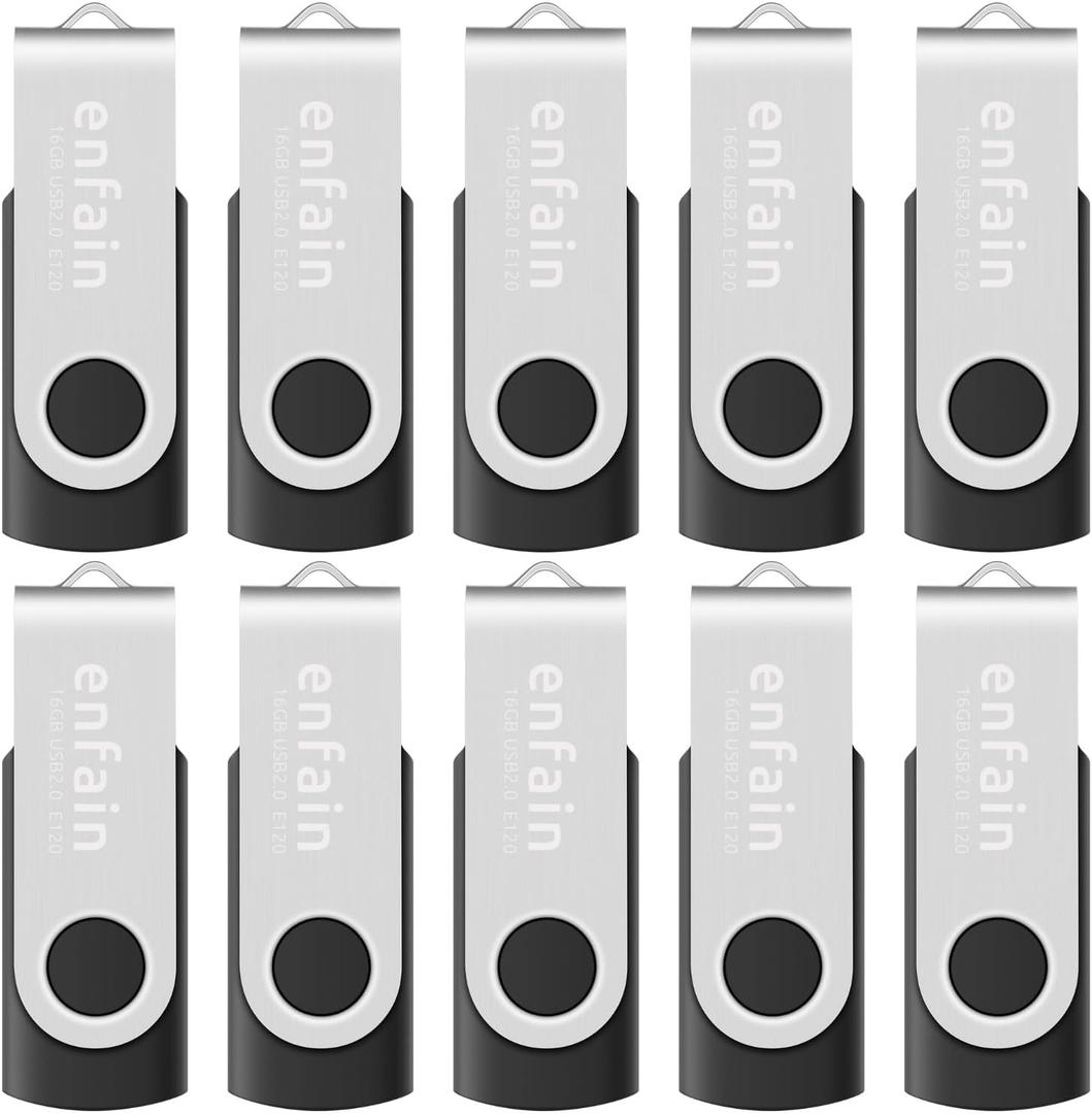 10-Pack Enfain 16GB USB 2.0 Swivel Flash Drives: Shareable Data Storage for Home & Office Use (Black) 10-Pack Enfain 16GB USB 2.0 Swivel Flash Drives: Shareable Data Storage for Home & Office Use (Black)