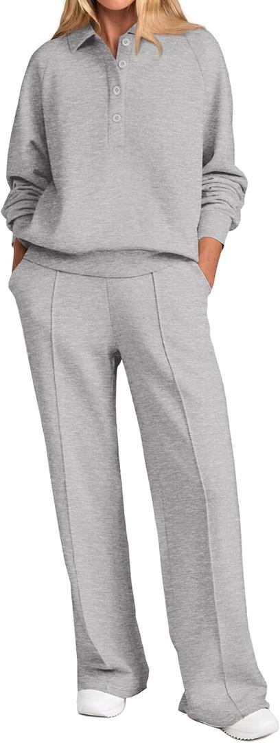 PRETTYGARDEN Women Fall 2 Piece Outfits Sweatsuits Quarter Button Long Sleeve Sweatshirt Wide Leg Pants Tracksuit Lounge Sets 
(Light Grey, Large)