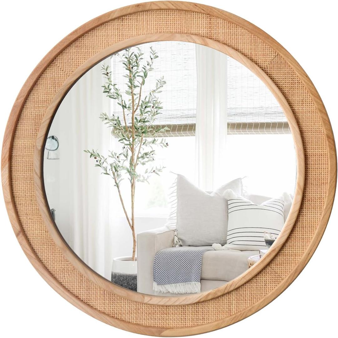 Round Rattan Mirror, 30" Circle Wall Mirror, Farmhouse Wooden Vanity Mirror with Handmade Wicker Frame, Decorative Boho Mirror for Nursery Bedroom Living Room Entryway Nature