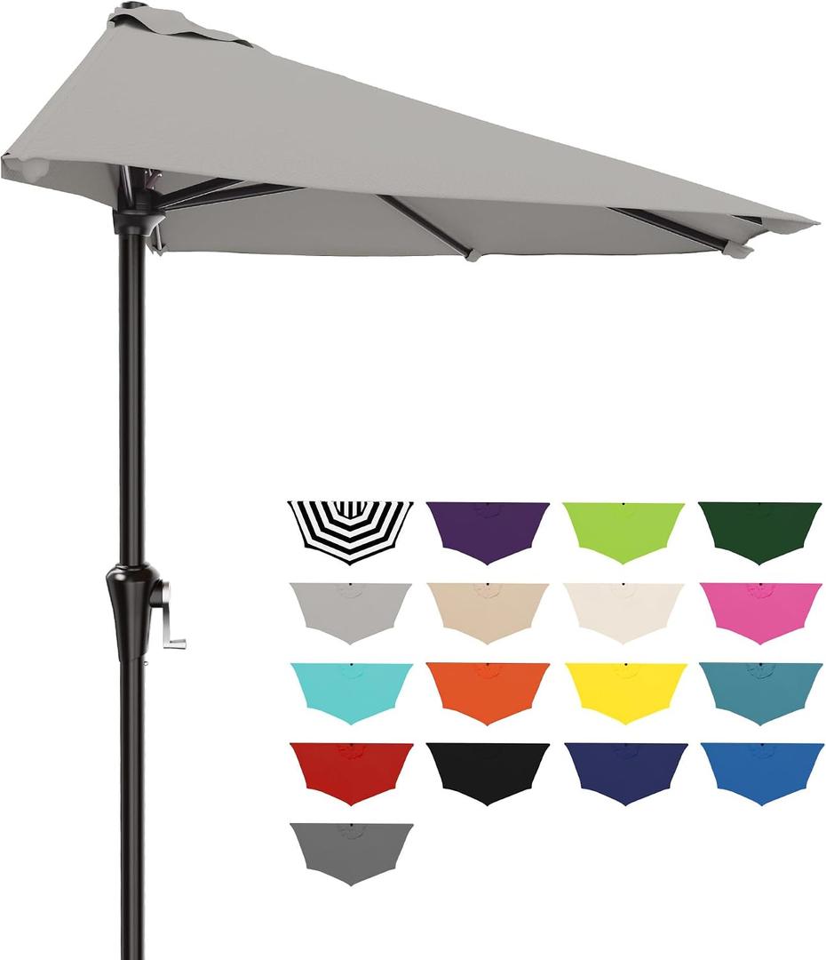 AreShark 9FT Half Patio Umbrella, Outdoor Wall Umbrella with Crank & 5 Sturdy Ribs, Table 1/2 Umbrella Patio for Garden, Deck, Balcony and Pool, Foggy Gray