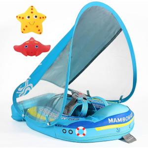 Mambobaby Float with Canopy Size Improved Non Inflatable Infant Pool Float Smart Mambo Float Swim Trainer Add Tail Baby Swim Float Mambo Baby Float Solid Air Free Water Waist Swimming Ring (Boat Blue)