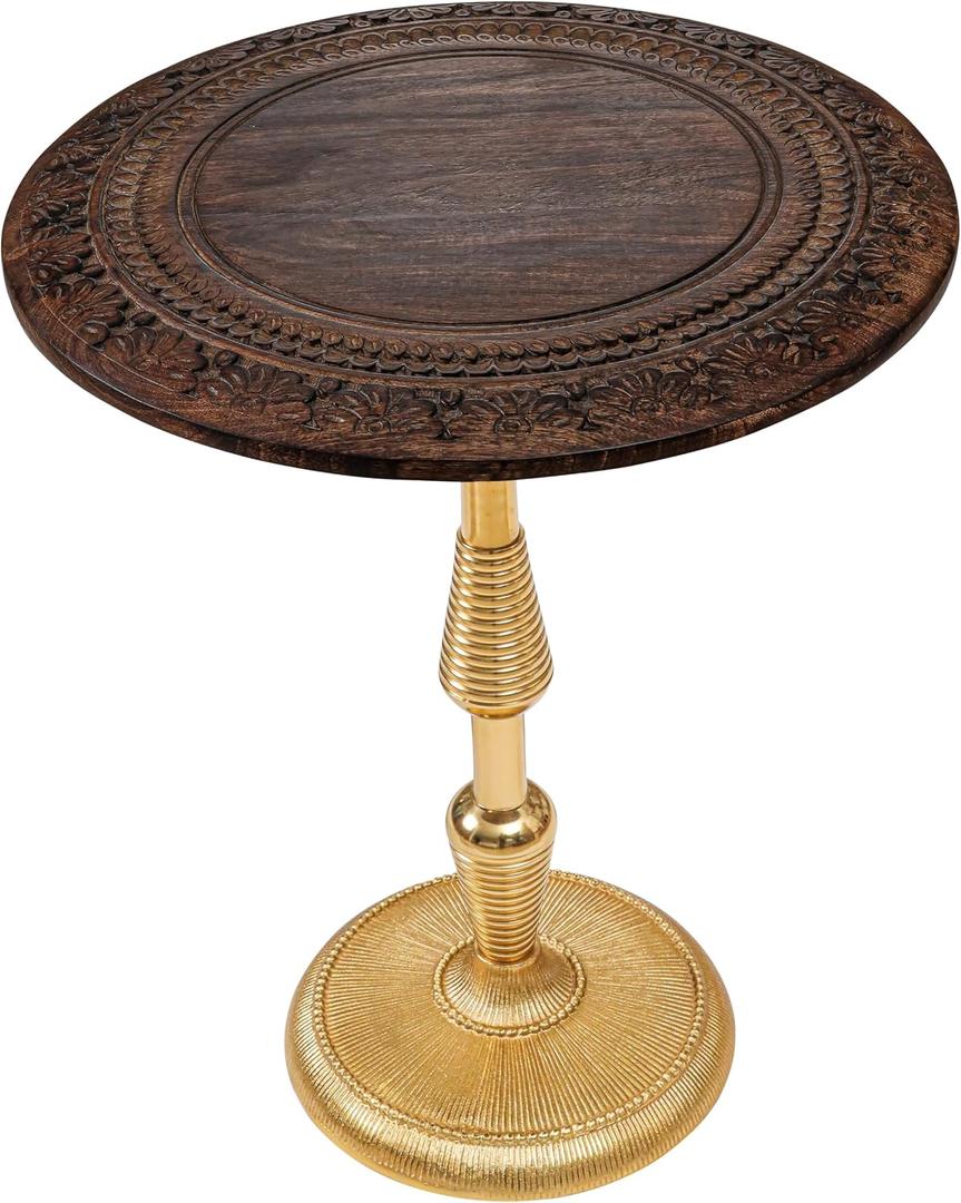 Side Table in Solid Wood and Aluminium base,18 x 22" Burnt Brown Gold, Spiral