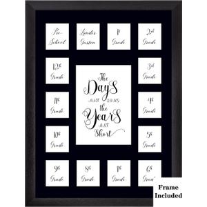School Year Picture Frame Pre K-12 Collage Photo Display Graduation Black Solid Wood Frames for Wall Hanging and Table Top Display 15 Opening Black Mat- The Days Are Long- Pre School to 12th