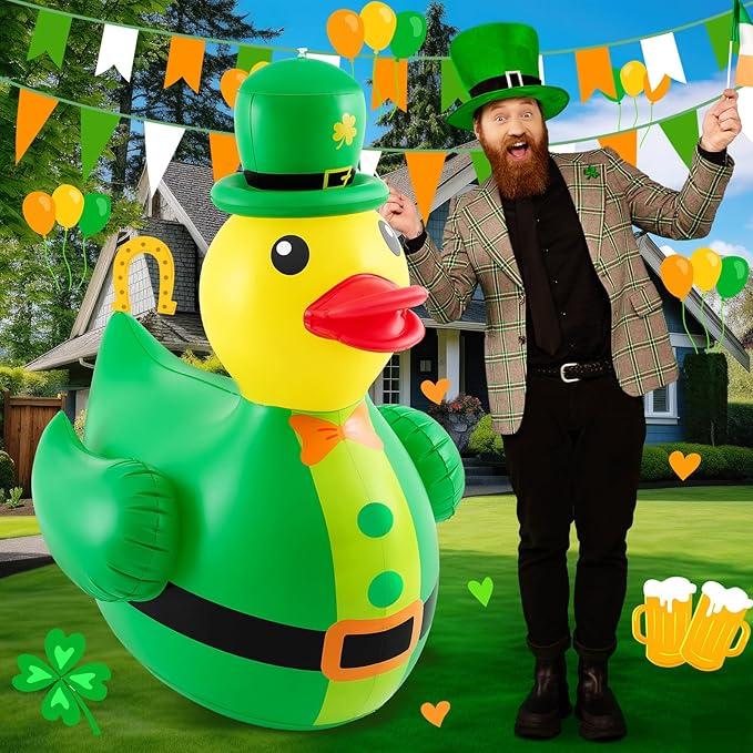 Hungdao 1 Pc 4 ft St. Patrick's Day Inflatable Duck Giant Blow up Rubber Duck with Lucky Shamrock Hat for St. Patrick's Day Golf Cart Parade Outdoor Yard Lawn Decorations (Air Pump Not Included)