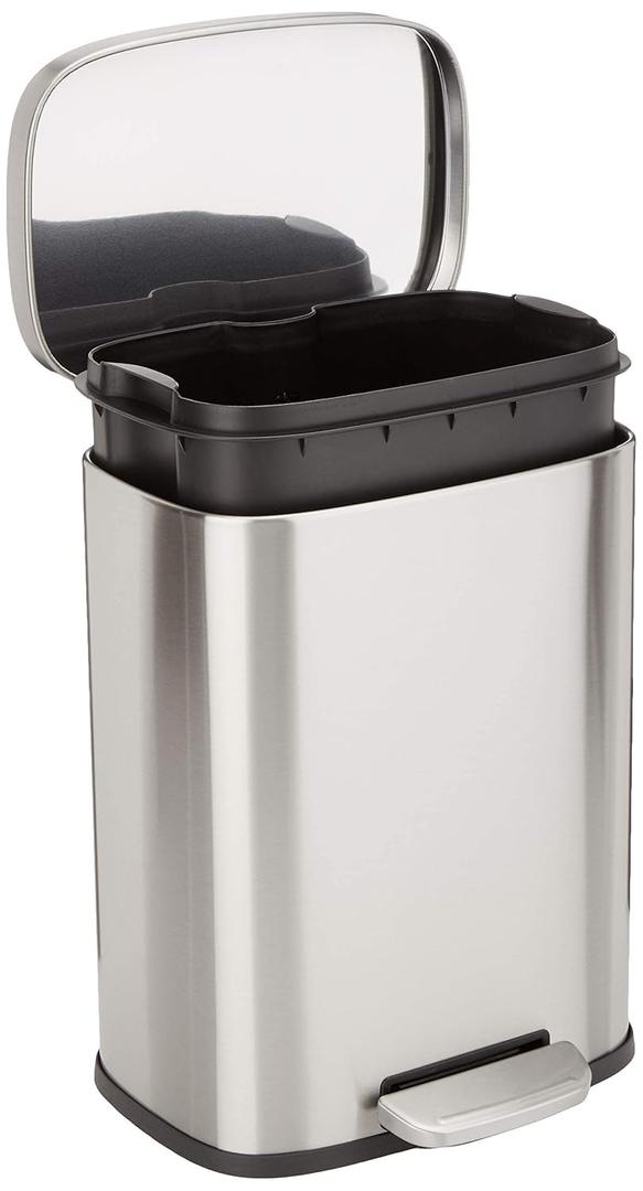 Amazon Basics Smudge Resistant Small Rectangular Trash Can With Soft-Close Foot Pedal, Brushed Stainless Steel, 12L/3.2 Gal, 11.3x9.9x15.1 in, Satin Nickel Finish
