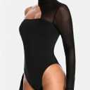 MakeMeChic Women's Bodysuits Mesh Sheer Rave Outfits Asymmetrical Neck Long Sleeve Cut Out Sexy Tops (Black, XL)