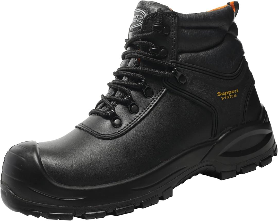 Black Work Boots for Men Composite Toe Non Slip Comfortable Leather Waterproof Lightweight Industrial Construction Safety Shoes (7, Black)