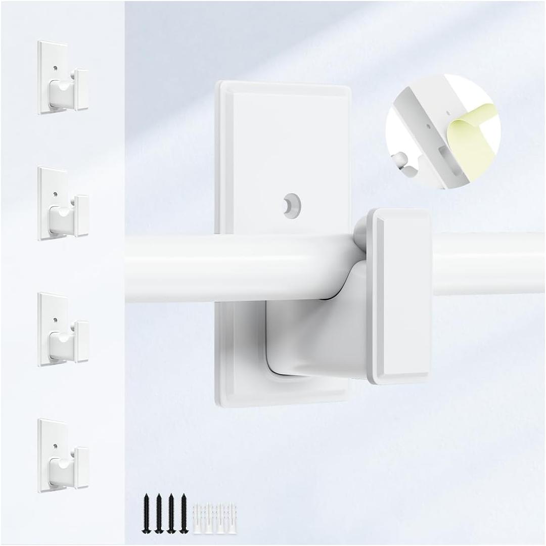 TKZTKZ No Drill Curtain Rod Brackets:Self Adhesive Curtain Rod Holders for Rod 5/ 8" No Screw, Heavy Duty Easy Curtain Rod Bracket No Drilling, No Damage Wall Renter Friendly Curtain Rod Hooks White, 4PCS