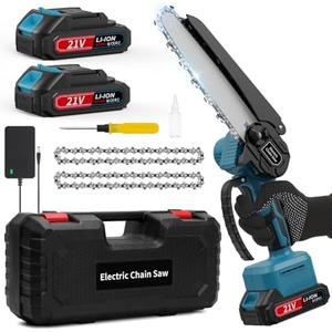 Mini Chainsaw, 6-Inch Electric Chainsaw Cordless, Brushless Portable Handheld Small Chain Saw with 2 Batteries, for Wood Cutting/TreeTrimming/Courtyard (Cyan)