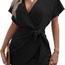 Floerns Women's Fall Fashion Cocktail Wrap Deep V Neck Dress Tie Side Dolman Sleeve Summer Short Dresses (Black) XL